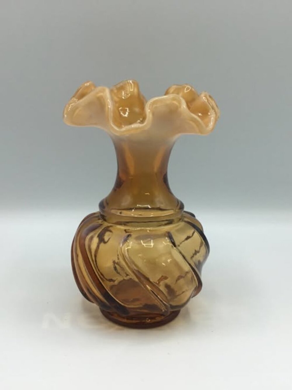 Vintage Fenton Amber Swirl Peach Pinch Neck Vase